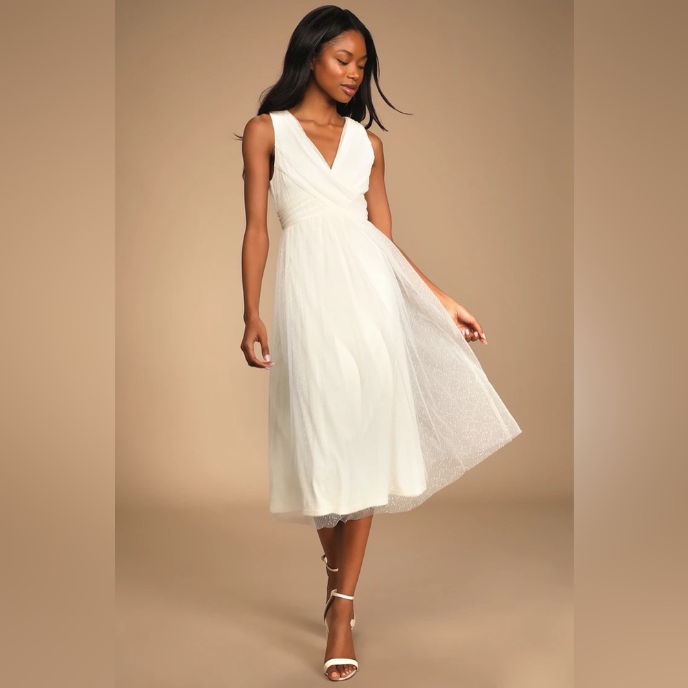 NWT! Lulus Mesmerized By You Cream Dotted Tulle Midi Dress - Picture 2 of 13